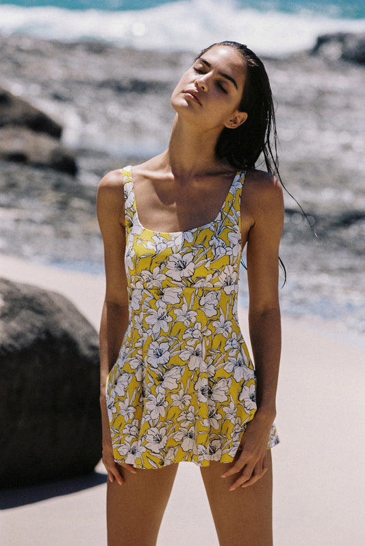 Yellow Floral Print One Piece Swimdress