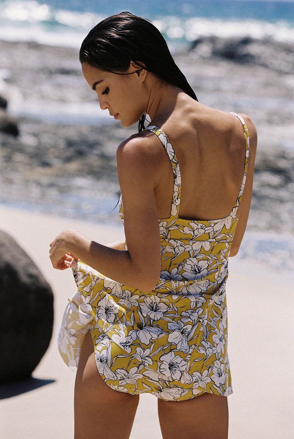 Yellow Floral Print One Piece Swimdress